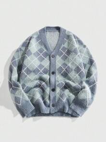 ROMWE MEN Prep Men's Rhombus Pattern Long Sleeve Single-Breasted Casual Knit Cardigan, Autumn/Winter