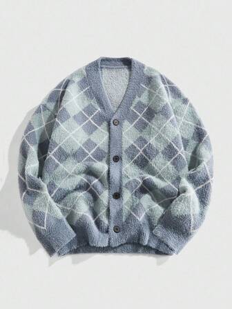 Prep Men's Rhombus Pattern Long Sleeve Single-Breasted Casual Knit Cardigan, Autumn/Winter