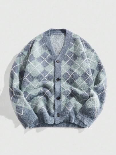 Prep Herren Rhombus Muster Langarm Einreiher Lässig Strickjacke, Herbst/Winter