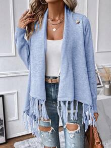 EMERY ROSE 流苏饰边垂领裹身开衫不对称毛衣女装连衣裙毛衣优雅毛衣长毛衣长袖毛衣女士长袖上衣长袖流苏上衣蓝色长袖上衣流苏上衣 - 藍色 - 查看 3