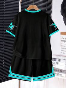 SHEIN 2pcs/Set Teen Boy Casual Classic Cool Baseball Sports Style, Number 88, Gothic Chicago Text, Star Graphic Print Short Sleeve Crew Neck T-Shirt And Shorts, Suitable For Summer - Multicolor - View 3