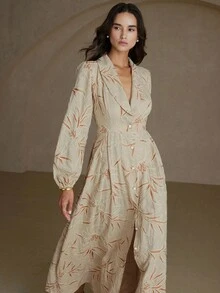 GENKIRA Natural Style Solid Color Embroidered Collar Single-Breasted High Waist Open Front Long Sleeve Dress For Women - Multicolor - View 4