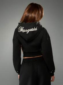 MISSGUIDED Full Zip Cropped Hoodie With Eyelet Detail And Drawstring For Casual Winter Wear - White - View 3