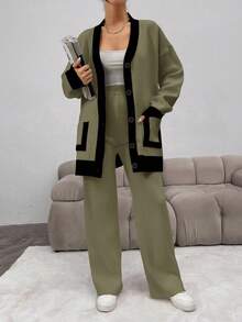 EURMUSE Women's Contrast Color Button Front Drop Shoulder Long Sleeve Pocket Loose Cardigan And Pants Knit Two Pieces Set - Army Green - View 7