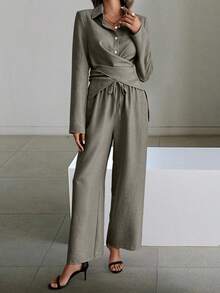 SHEIN LUNE 2件套女士纯色长袖上衣和系腰裤套装 - 軍綠色 - 查看 3