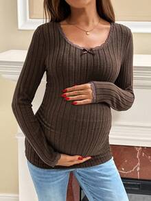 SHEIN 孕妇装女款纯色简约日常蕾丝领长袖T恤