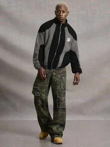 PAVTROS Manfinity Streetrush Men's Casual Street Style Contrast Color Teddy Fleece Zip-Up Jacket,Men's Contrast Color Teddy Fleece Zip-Up Jacket, Black And Gray Patchwork Embroidered Streetwear, Autumn And Winter Outerwear, INS Streetwear, Halloween Clothing, Men Clothes, Men Jacket&Coats, Unisex Style, Rapper Clothing, Boy Friend Gifts, Teddy Velvet, Fleece - Multicolor - View 4