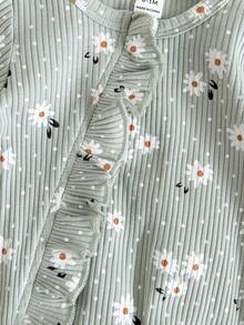 SHEIN Bộ đồ liền thân dài tay vải gân họa tiết hoa cổ tròn có khóa kéo phía trước dành cho bé gái, mùa thu/đông - màu xanh lá - Xem 7