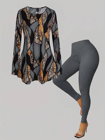 EMERY ROSE 2 件女式秋冬羊毛长袖 A 字型 T 恤和紧身裤套装，随机印花