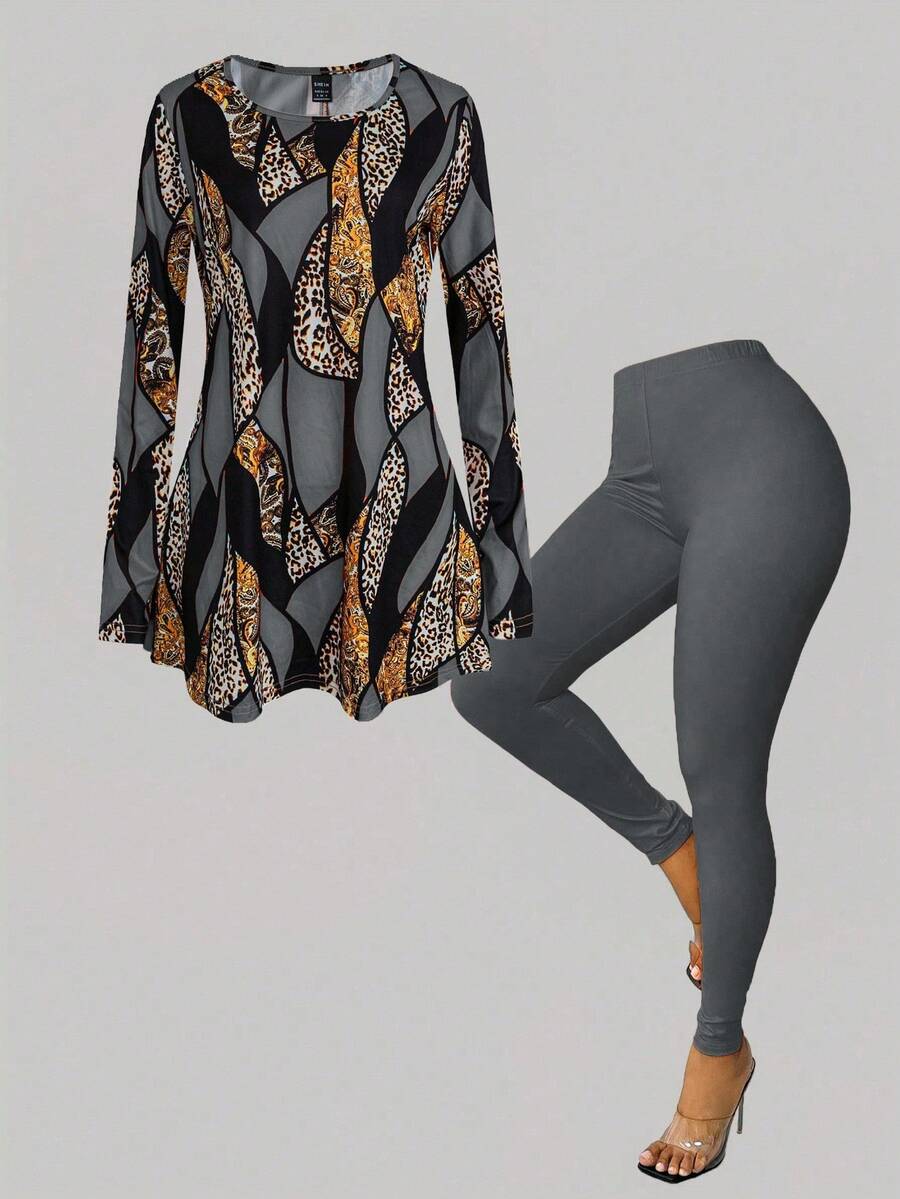 EMERY ROSE 2 件女式秋冬羊毛长袖 A 字型 T 恤和紧身裤套装，随机印花 - 彩色 - 查看 1