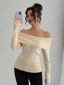 DAZY Schicker Off-Shoulder Pullover für Frauen, locker und lässig geschnitten, vielseitig einsetzbar, weich und kuschelig, Langarm, Herbst/Winter