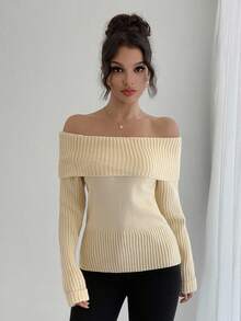 DAZY Schicker Off-Shoulder Pullover für Frauen, locker und lässig geschnitten, vielseitig einsetzbar, weich und kuschelig, Langarm, Herbst/Winter