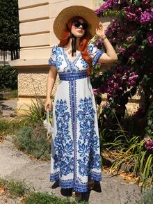 Gretanique New Design Women's Blue & White Woven Positioned Floral Print V-Neck Puff Sleeve Waist Cinched Floral Print Elegant Midi Dress, Flattering, Sophisticated Middle East Style