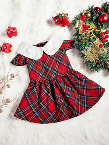 PETSIN 1pc Classic Plaid Print Cute Dog Dress With Puff Sleeves For Pet, Christmas - Red - View 9