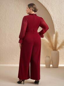 SHEIN Clasi Mono elegante para mujer de talla grande, color vino tinto, de manga larga, con bolsillos, adecuado para ir al trabajo, monos rojos de otoño/invierno para mujer de talla grande, traje de pantalón elegante, monos para mujer, atuendo de oficina para mujer - Burdeos - Ver 2