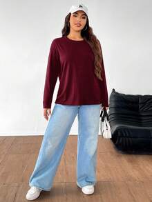 SHEIN EZwear 女式加大码休闲纯色宽松圆领长袖 T 恤 - 酒紅色 - 查看 7