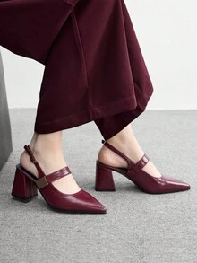CUCCOO BIZCHIC 女士时尚酒红色金属搭扣装饰粗跟鞋，经典简约设计，适合通勤、约会、派对、度假、婚礼等场合。 - 酒紅色 - 查看 4