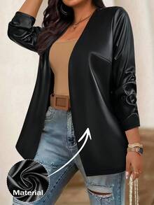 EMERY ROSE Plus Size Women's Front Open PU Leather Blazer Jacket, Autumn Fall Cloth For Women Winter