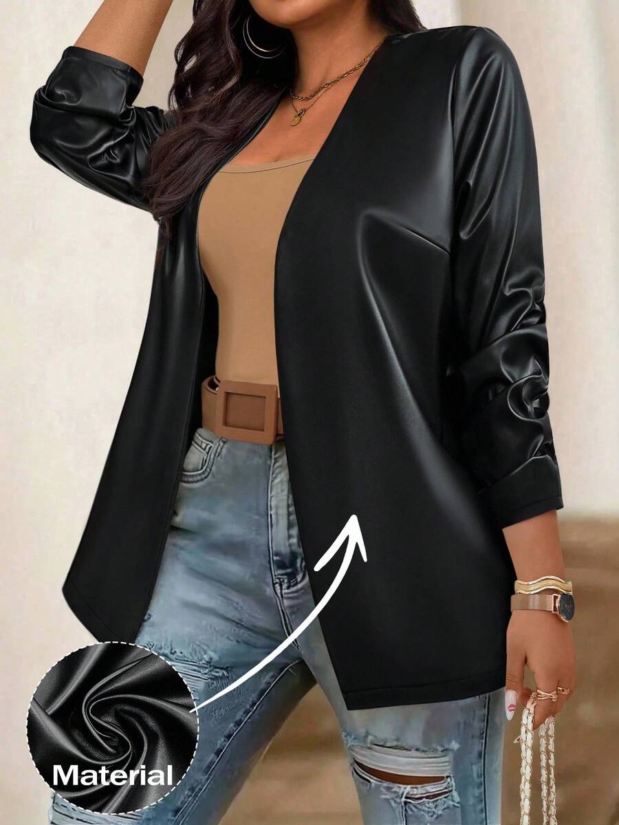 EMERY ROSE Plus Size Women's Front Open PU Leather Blazer Jacket, Autumn Fall Cloth For Women Winter
