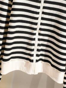 Teen Girls' Casual V-Neck Loose Striped Drawstring Hooded Long Sleeve Jacket, Suitable For Daily Commute, Spring/Autumn Fall Winter - Black and White - View 5