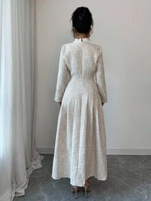 SHEIN Elenzya 女士优雅圆领荷叶边装饰修身百褶腰修身长裙，适合日常办公、下午茶、温柔淑女风、秋季 - 杏色 - 查看 2