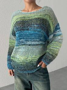 SHEIN EZwear Áo len xanh đơn giản thường ngày dành cho nữ, thời trang Thu/Đông - Màu xanh lam - Xem 5