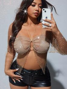 Viva Relle Plus Size Sexy Shiny Rhinestone Mesh Long Sleeve Top, Suitable For Party And GatheringValentine's Day - Gold - View 8