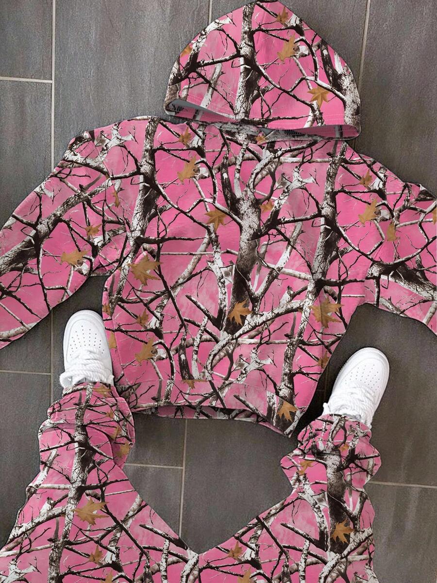 Manfinity Dauomo Conjunto de sudadera con capucha para hombres, sudadera casual retro minimalista de varios colores con estampado completo de ramas de árbol y letras de cuello redondo, manga larga y holgada, pantalón de chándal largo de dos piezas para hombres, adecuado para varias ocasiones: ceremonia de graduación, atuendo de vuelta al colegio, atuendo de maestro, temporada de otoño e invierno, regalo para amigos - Multicolor - Ver 1