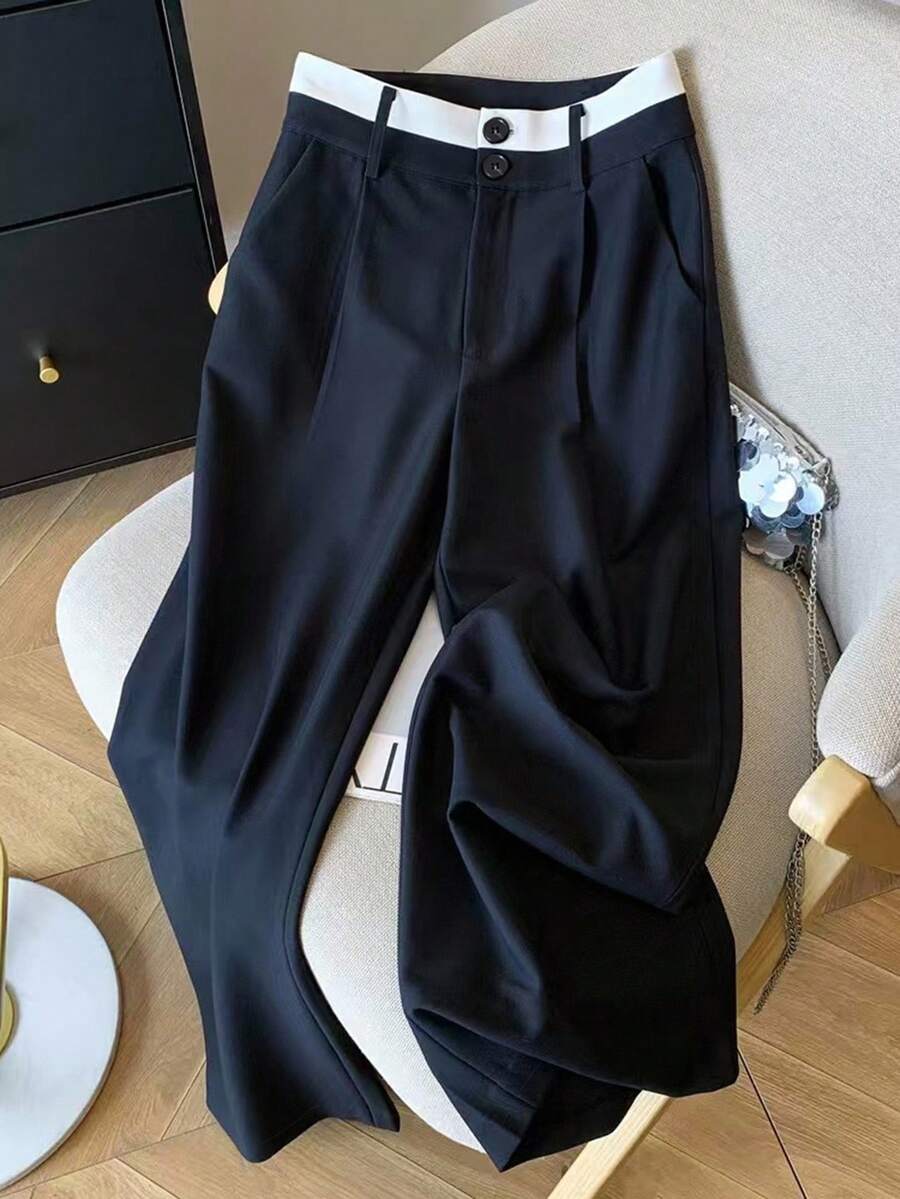 Franclia 高腰直筒阔腿西装裤，宽松舒适，垂坠感极佳，黑白配色，适合乡村音乐会、乡村、秋季、沙特阿拉伯国庆日等场合，时尚百搭，适合秋冬季休闲穿着，尽显优雅气质。 - 黑與白 - 查看 1