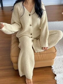 DAZY 女士简约针织宽松家居服套装，冬季睡衣，舒适套装，秋季服装 - 杏色 - 查看 10