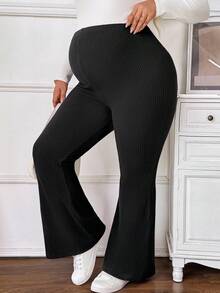 SHEIN Autumn And Winter Plus Size Maternity Solid Color Adjustable Waist Casual Flared Thermal Lined Pants, Autumn/Winter Flare Pants Maternity Pants Plus Size Flare Pants Maternity Clothes Pregnancy Pants