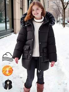 Tween Girl 休闲连帽中长款棉衣，撞色毛领，2 个前口袋，宽松版型，舒适，适合秋冬季、日常、通勤、户外、聚会、聚会、拍照 - 黑色 - 查看 1