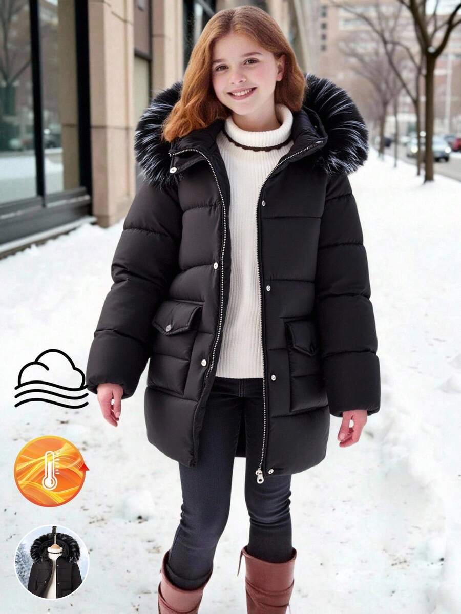 Tween Girl 休闲连帽中长款棉衣，撞色毛领，2 个前口袋，宽松版型，舒适，适合秋冬季、日常、通勤、户外、聚会、聚会、拍照 - 黑色 - 查看 1