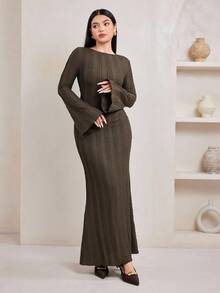 Veilorie 女士端庄优雅提花喇叭袖连衣裙 - 咖啡棕 - 查看 3