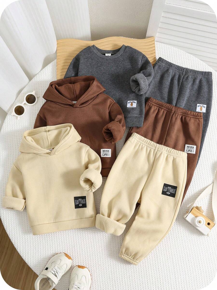 SHEIN 6 件套男婴/女婴可爱字母印花长袖连帽卫衣和男孩慢跑裤套装，中性婴儿服装，男婴冬装 - 彩色 - 查看 1
