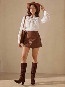 Wildy White Elegant Autumn Tea Party Embroidered Blouses For Women,Chic Loose Long Sleeve Puff Lantern Sleeve Tie Front Neck Tops,Fall Blouse - Apricot - View 3