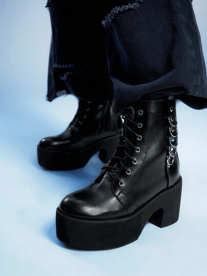 Sugerpunk Gesper Logam Gothic Wanita Kaki Bulat Tumit Chunky But Punk, But Bertumit Tinggi Hitam PU Sesuai Untuk Pesta, Pakaian Harian, Pakaian Malam, Ketinggian Bertambah dan Pemanjangan Kaki