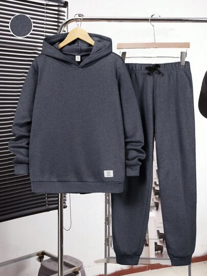 SHEIN 两件套青少年男童休闲百搭舒适连帽纯色刺绣卫衣裤套装，适合派对、上学、郊游、秋冬季穿着。青少年男童套装，包含连帽衫和裤子。两件套青少年男童连帽衫和运动裤，男童青少年运动套装，青少年连帽衫套装，冬季套装，冬季服装，秋季服装，秋季服装，所有儿童服装