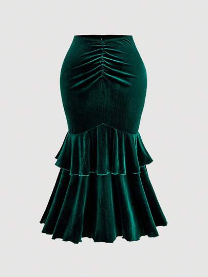 SHEIN MOD Falda de sirena con volantes de color verde oscuro en talla grande