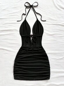 Vestido mini  para mujer con escote en V profundo, tirantes de lazo y espalda descubierta, corte ajustado y fruncido, elegante, negro, para verano, club, playa, vacaciones, fiesta, oto - Blanco - Ver 8