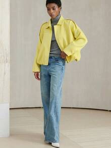 Aveloria Modichic 女式蝙蝠翼领纯色粗花呢通勤时尚飞行员夹克 - 黃色 - 查看 6