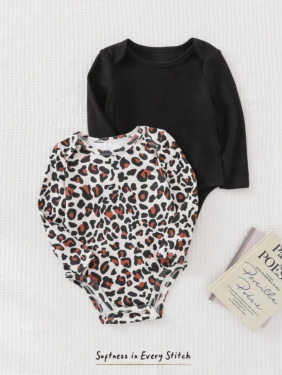 Cozy Pixies 2pcs Baby Girl Heart Pattern Solid Color Soft Knit Long Sleeve Layered Bodysuit Set Fall Winter - Multicolor - View 1