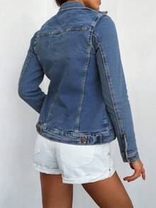 SHEIN Cottnline Flap Pocket Button Front Denim Jacket - Medium Wash - View 2
