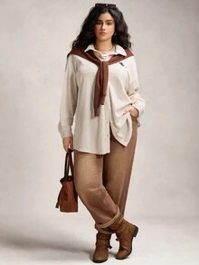 Zelara Plus Size Women Casual Versatile Embroidered Corduroy Shirt Chic Going Out - Apricot - View 5