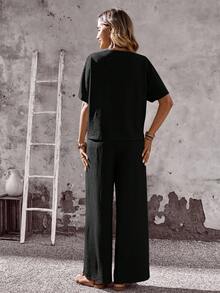 EMERY ROSE 女士纯色 V 领短袖上衣和宽松直筒裤 2 件套 - 黑色 - 查看 2