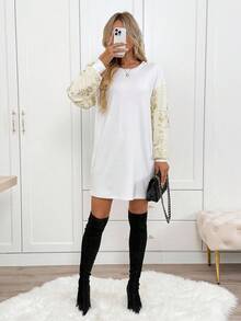 SHEIN LUNE Women's Casual Sequin Embroidered Party Mini Dress, Basic Autumn/Winter Daily Outfit Lantern Sleeve Dress White Casual Dress White Dress Puff Sleeve Dress Sequin Dress New Fall Fashion Women Fall Clothes For Women Elegant Dresses For Women Long Sleeve Dress Fall Dresses For Women Fall Outfits Winter Dress Women Winter Outfit For Women Winter Clothes For Women Going Out Outfits Short Party Dress - White - View 6