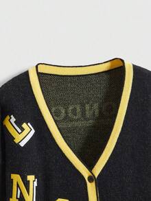 ROMWE Street Life Plus Size Women's Loose Knit Cardigan With Street & School Inspired Letter, Number & Color Block Design, Suitable For Autumn/Winter Sports - Black - View 3