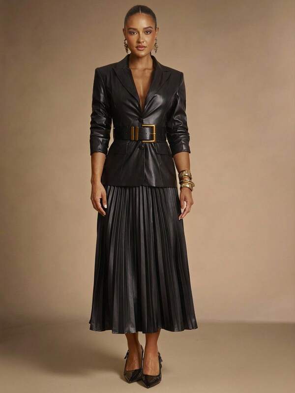 Silquee High-End Autumn And Winter Women's Clothing Series, Women's Autumn And Winter Clothing, Women's Work / Women's Versatile Black Lapel Lined Long-Sleeved PU Leather Elegant Jacket With Belt, Autumn And Winter Work / Office Clothing Office Business Casual Women's High-End Suit Jacket Waist Elegant Women's Suit Jacket Suitable For Daily Wear Elegant Suitable For Daily Dating Night Office Nightclub Party, Mature And Feminine Long-Sleeved Suit Jacket