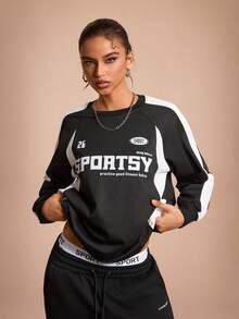 Streetz SHEIN Sport Camiseta deportiva casual holgada de mujer con cuello redondo y mangas raglán de bloques de color - Blanco y Negro - Ver 6