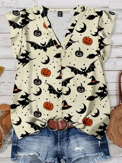 SHEIN LUNE Women's Casual Shirt, Casual & Minimalist, Suitable For Halloween, Pumpkin Print